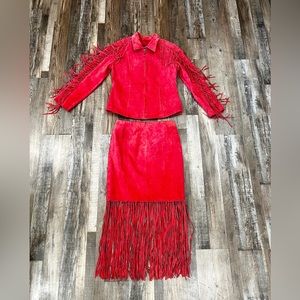 Vintage Coral Suede Leather Western Fringe Jacket & Skirt *SOLD*
